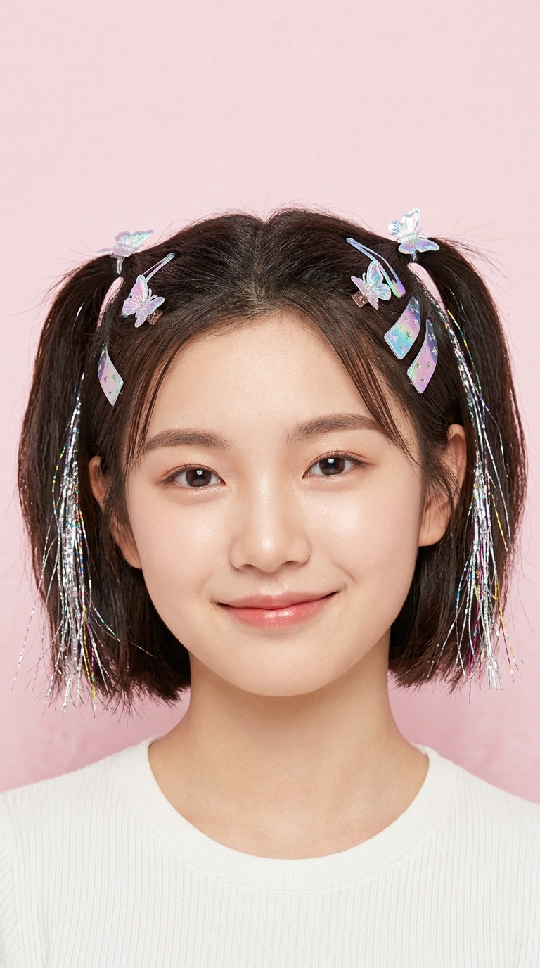 Tinsel-Integrated Pigtails with Holographic Clips