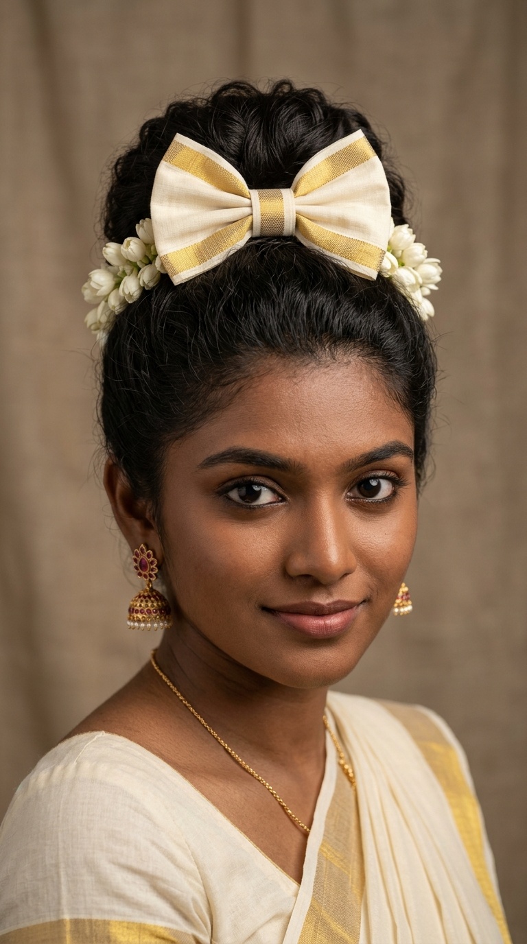 Traditional Kerala Kasavu Hair Bow Style