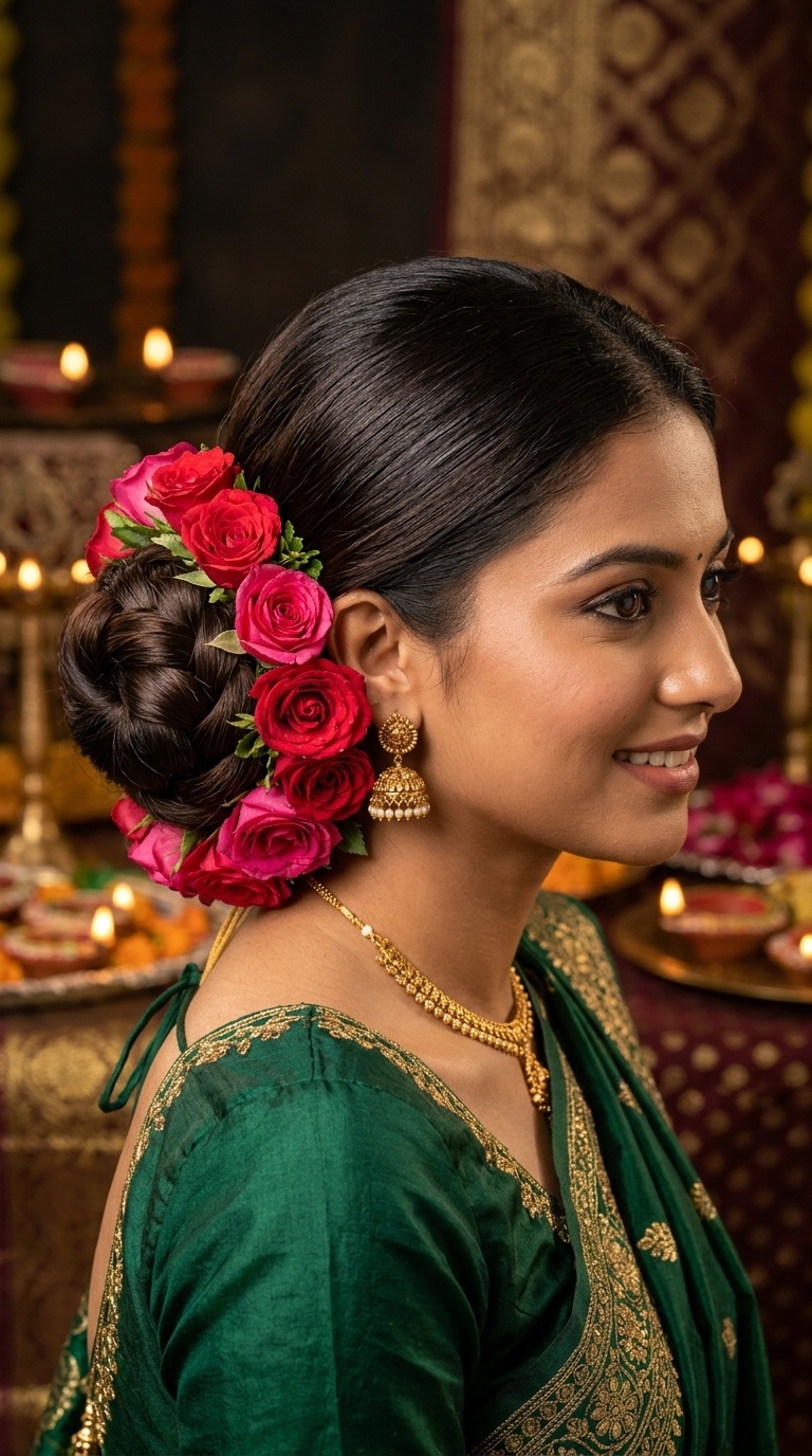 Traditional Tight Bun with Fresh Roses