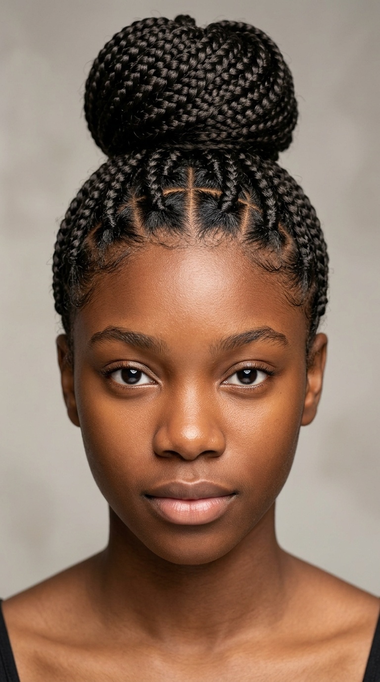Triangle Parted Box Braids Bun