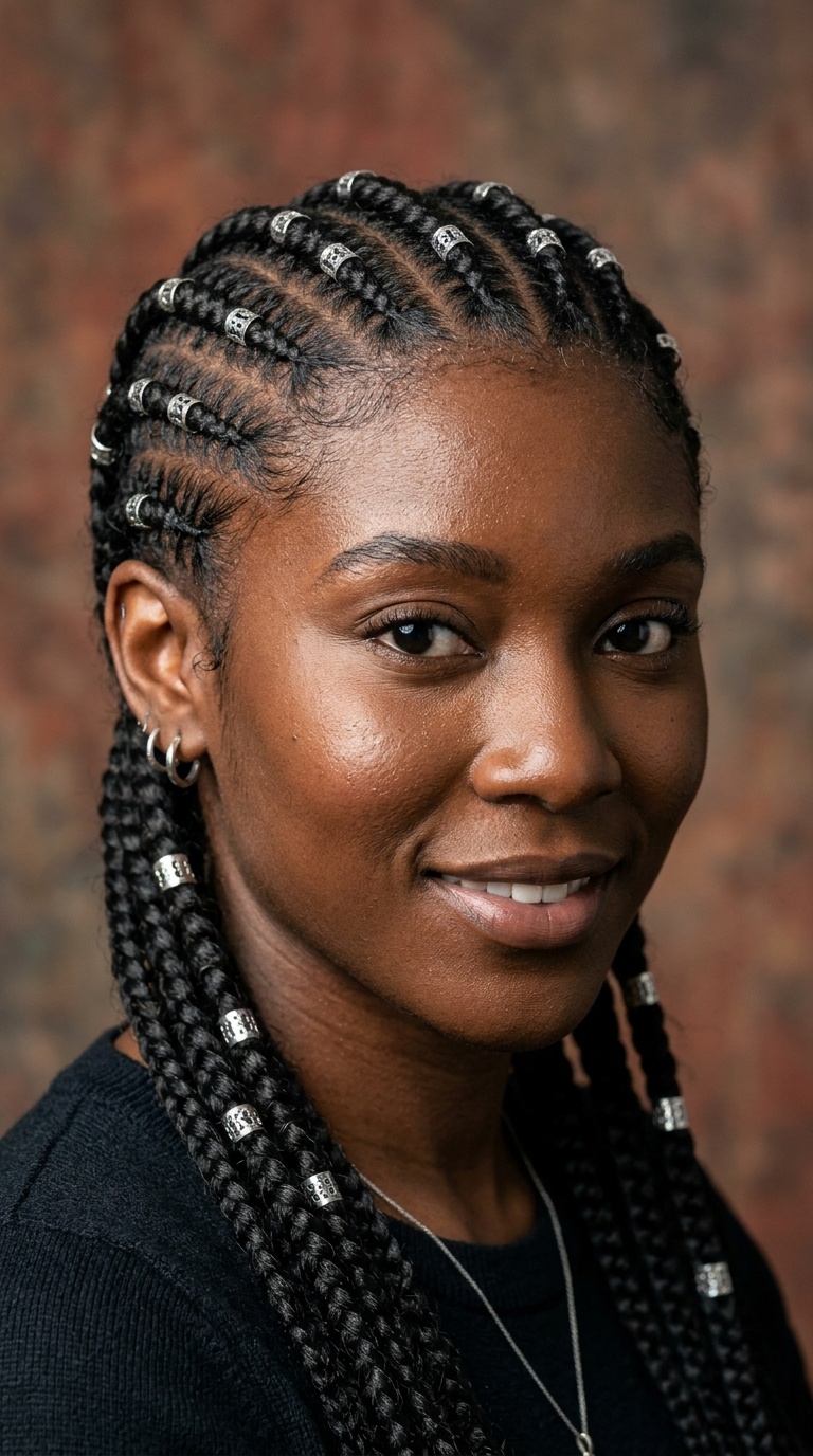 Tribal Cornrows with Silver Cuffs and Rings