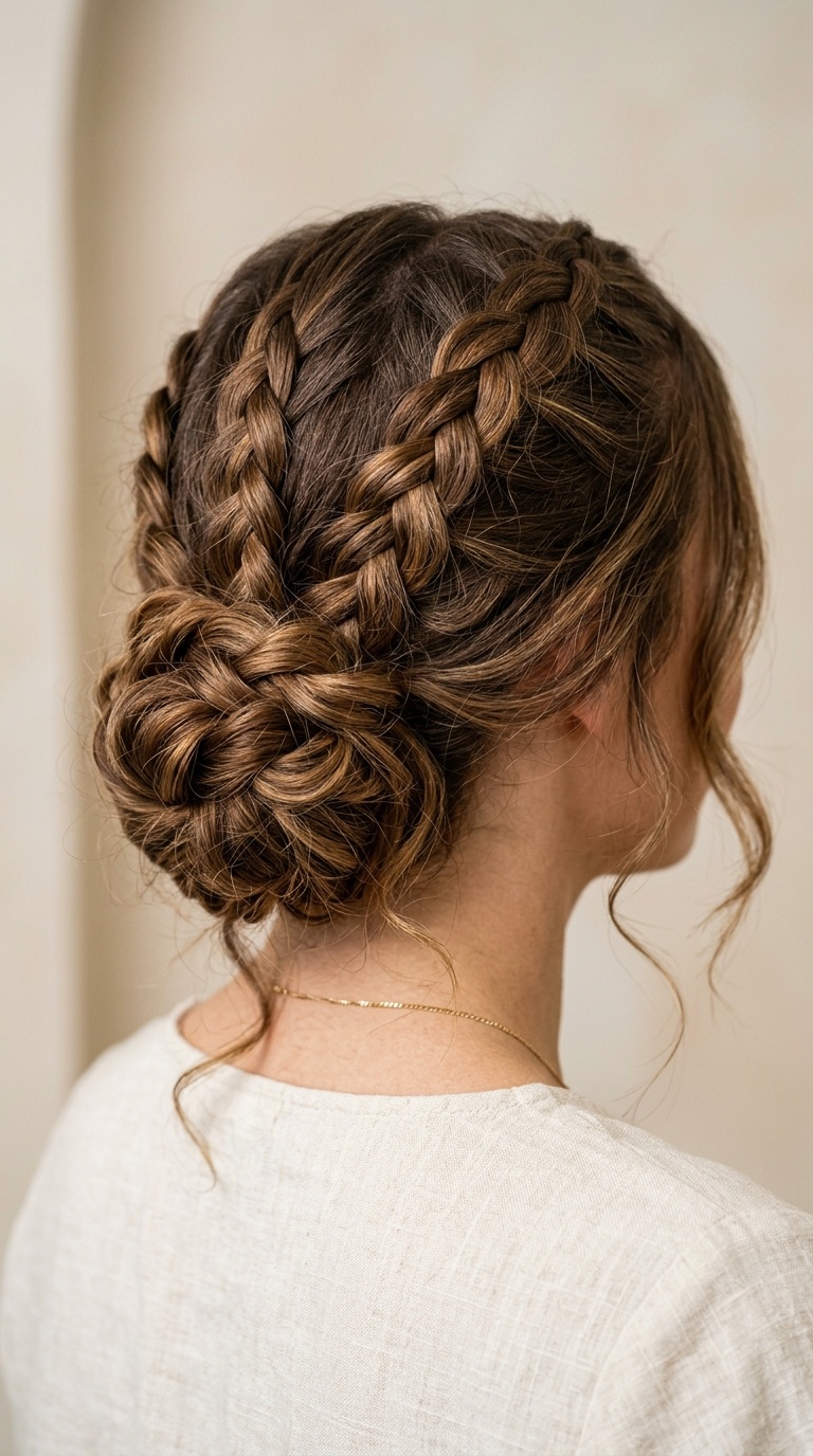 Triple Braided Low Chignon with Texture
