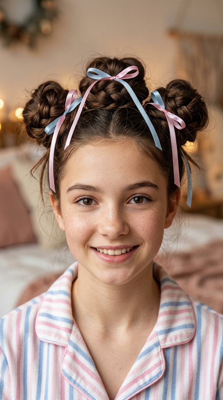 Triple Space Buns with Vertical Ribbons