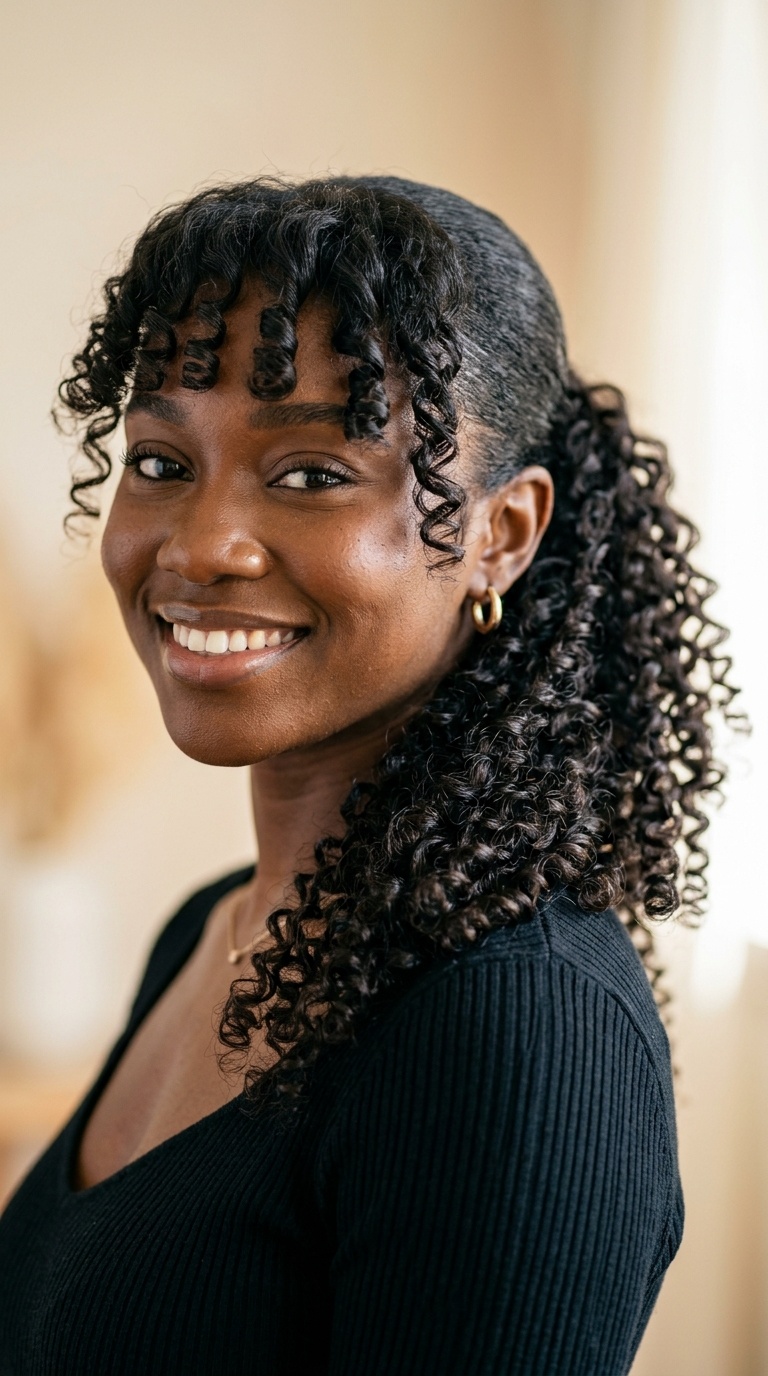 Tucked Ponytail with Soft Ringlets and Bardot Bangs