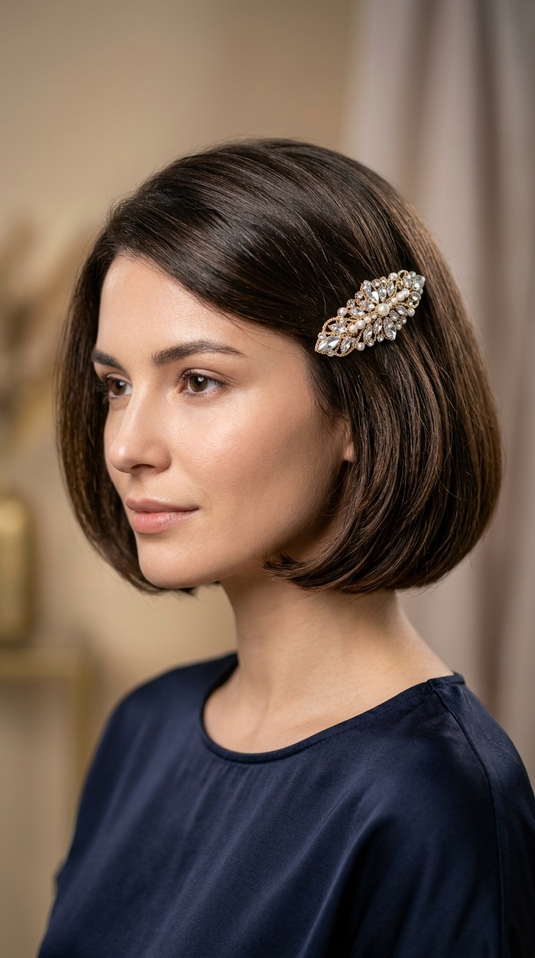 Tucked-Under Bob with Jeweled Barrette