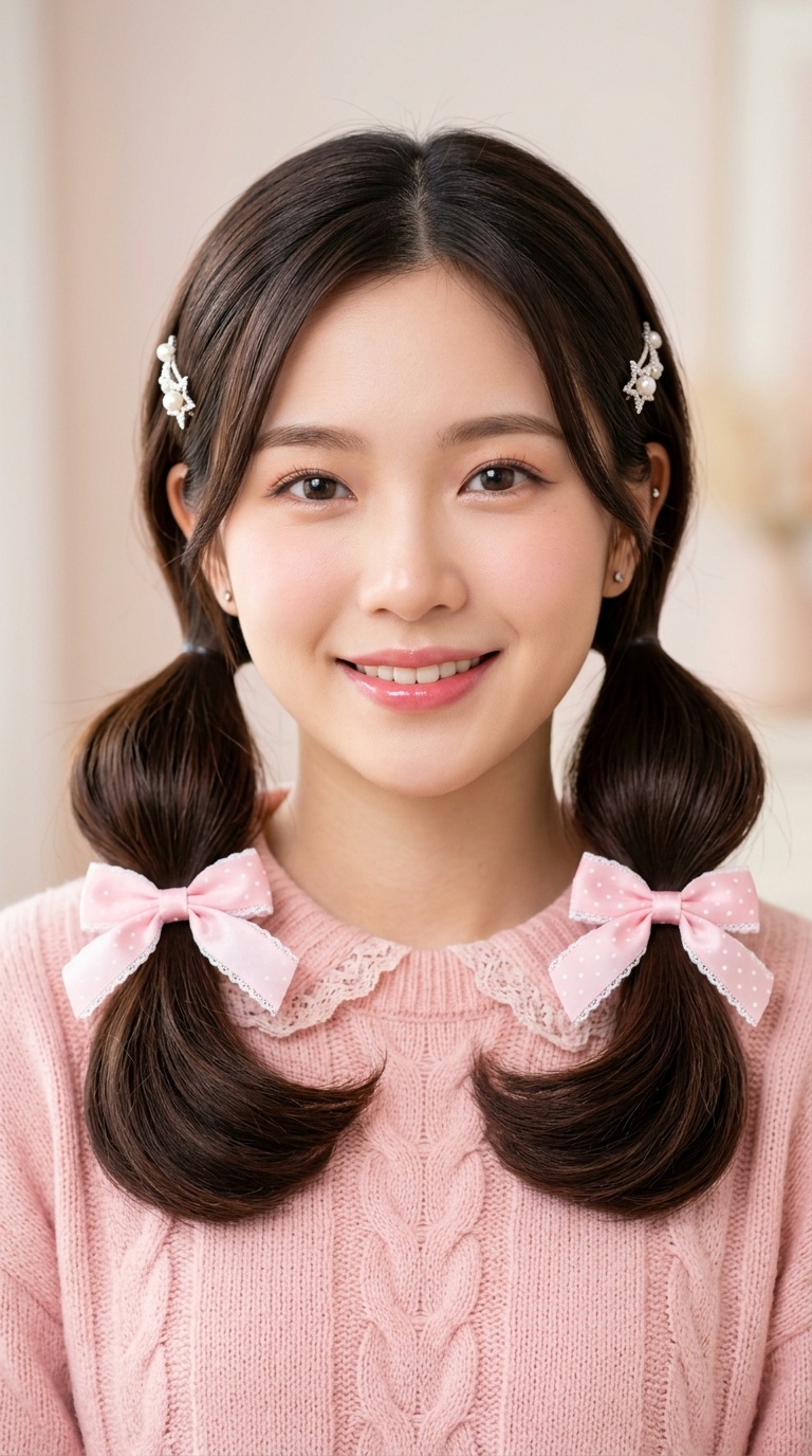 Tucked-Under Pigtails with Ribbon Bows