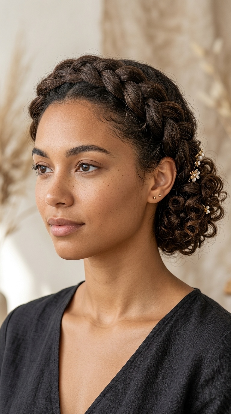 Twisted Crown Braid with a Curly Nape Bun