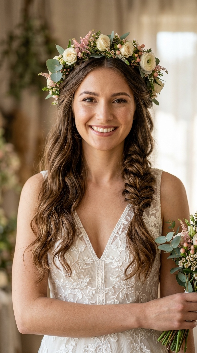 Twisted Half-Up Style with Flower Crown Placement