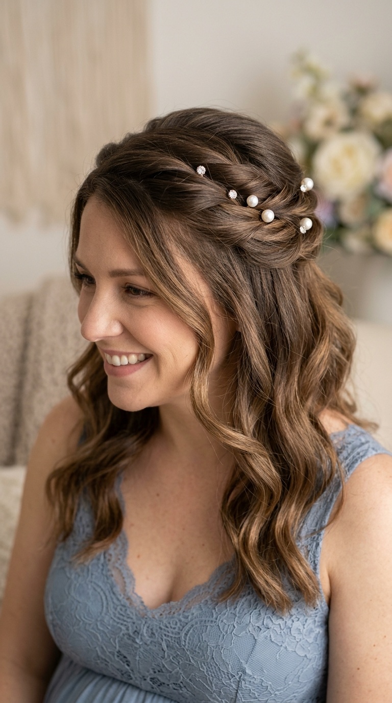 Twisted Half-Updo with Pearl Pins