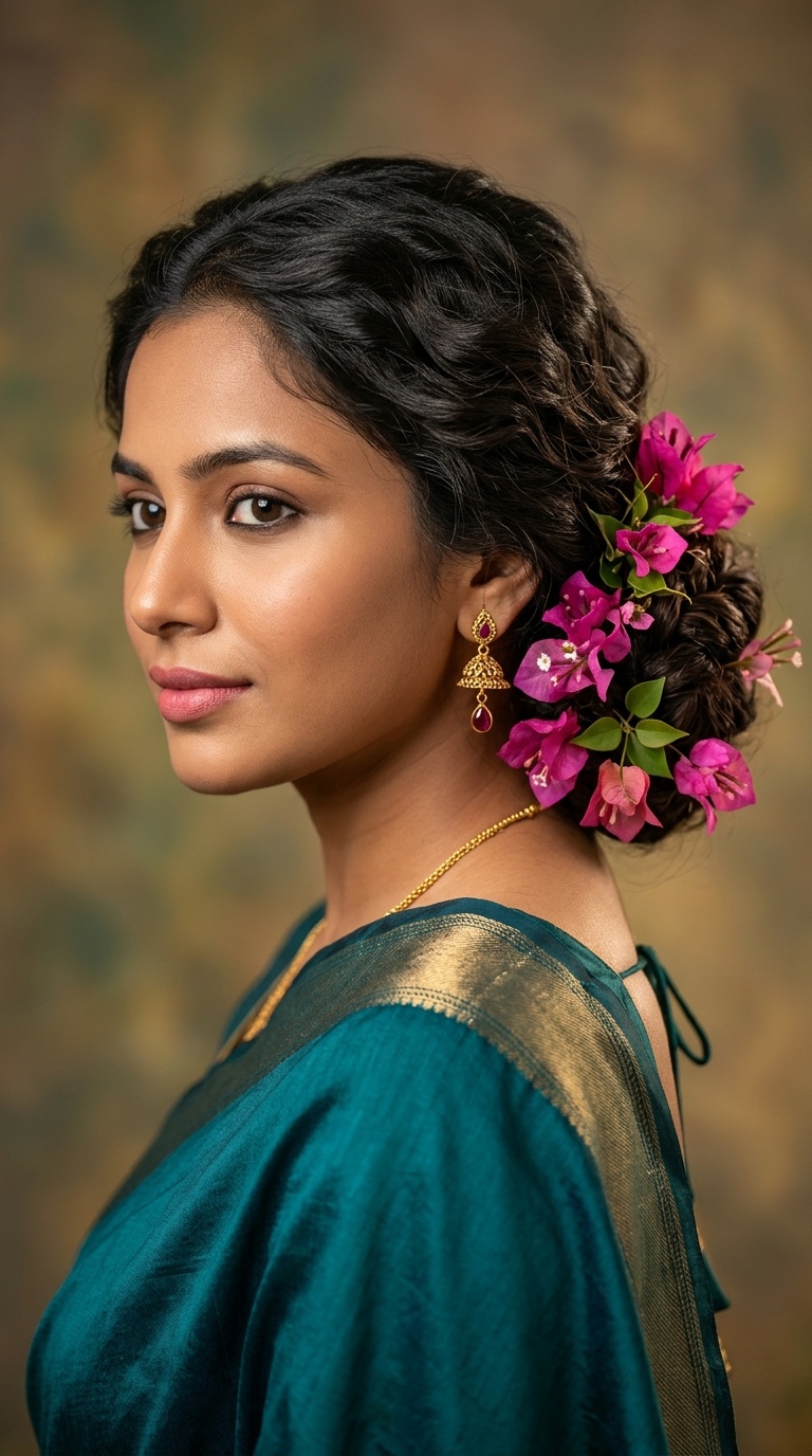 Twisted Low Bun with Bougainvillea