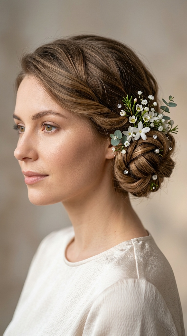 Twisted Low Bun with Flowers