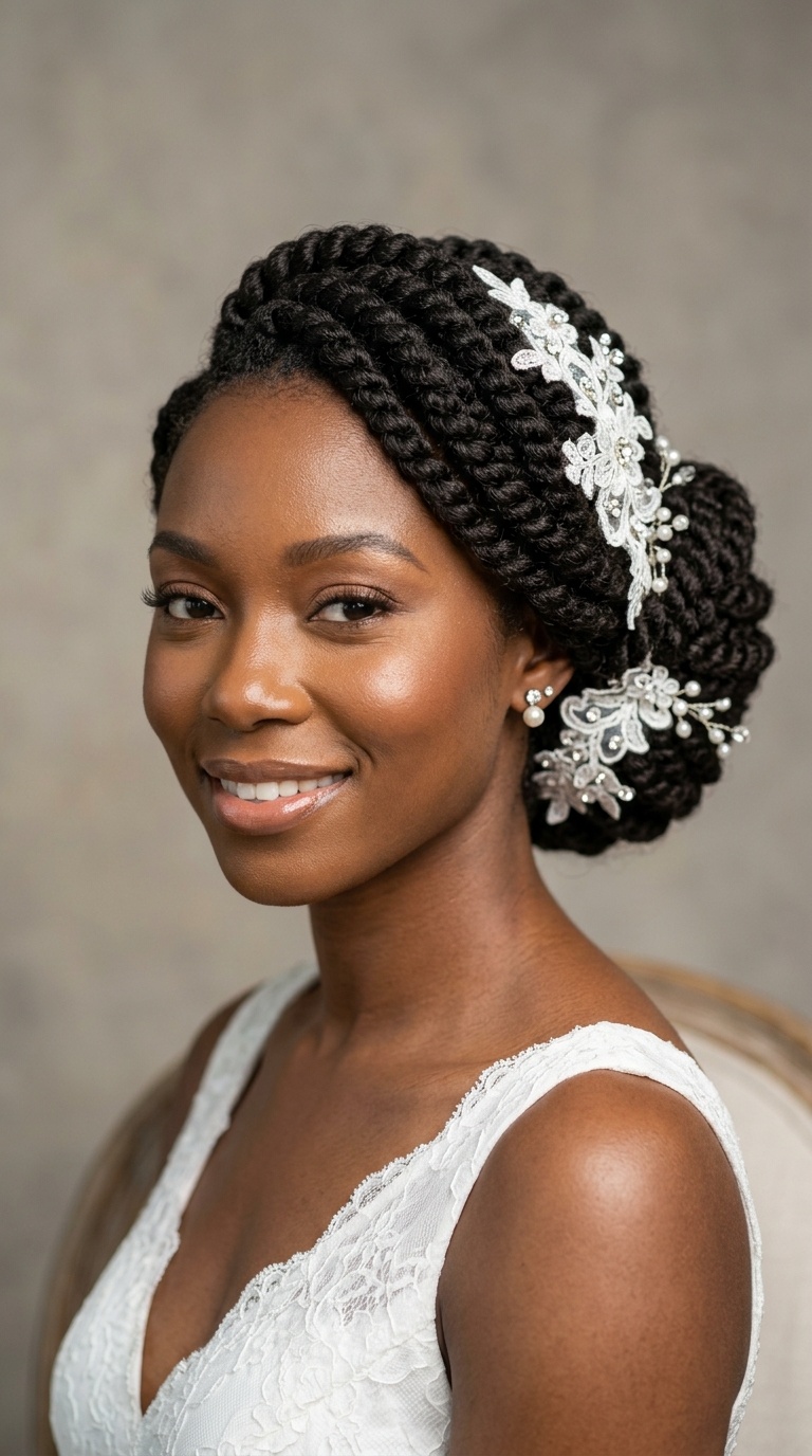 Twisted Updo with Delicate Lace Appliqué