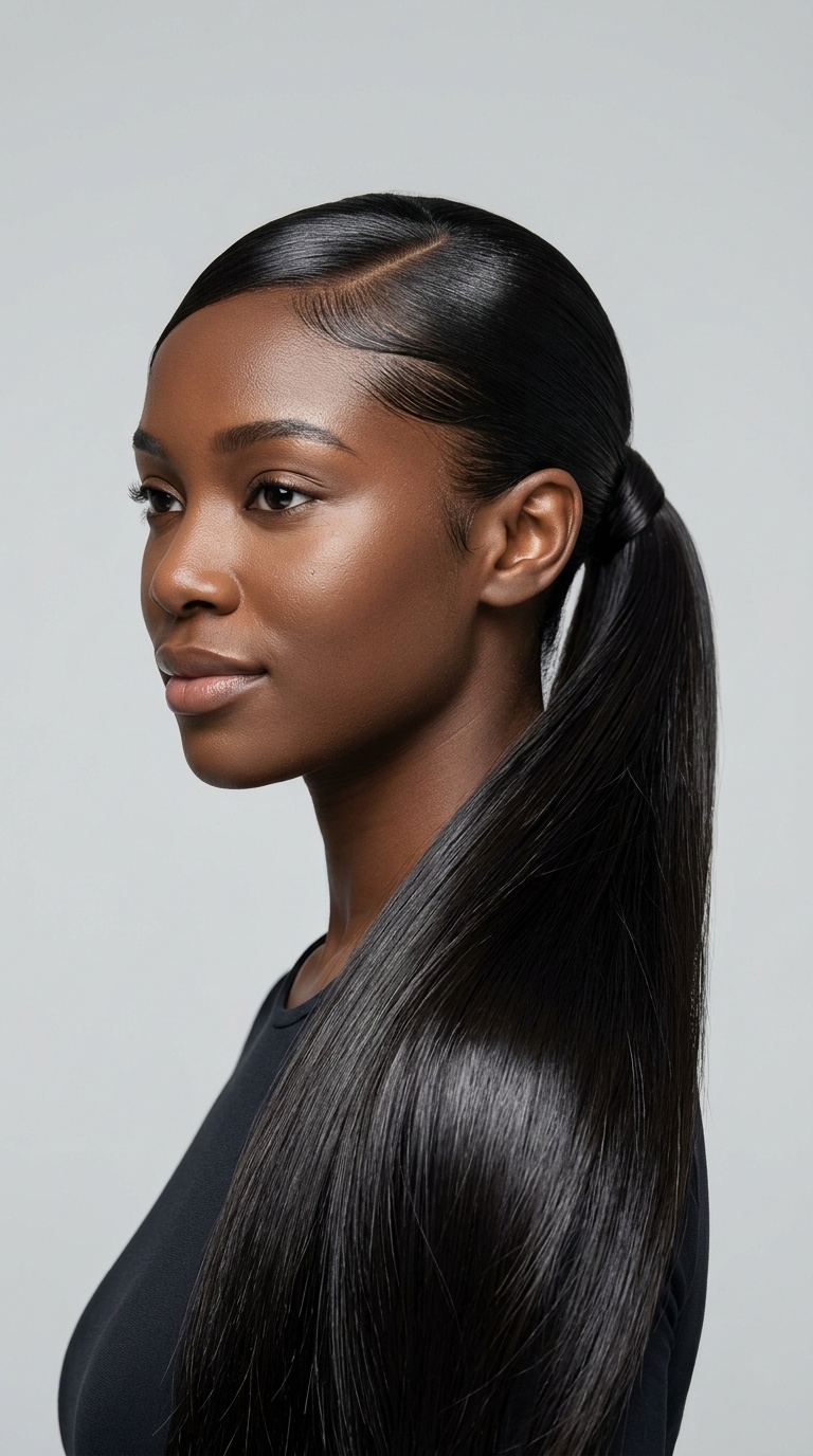Ultra-Long Straight Ponytail with Glass-Skin Swoop