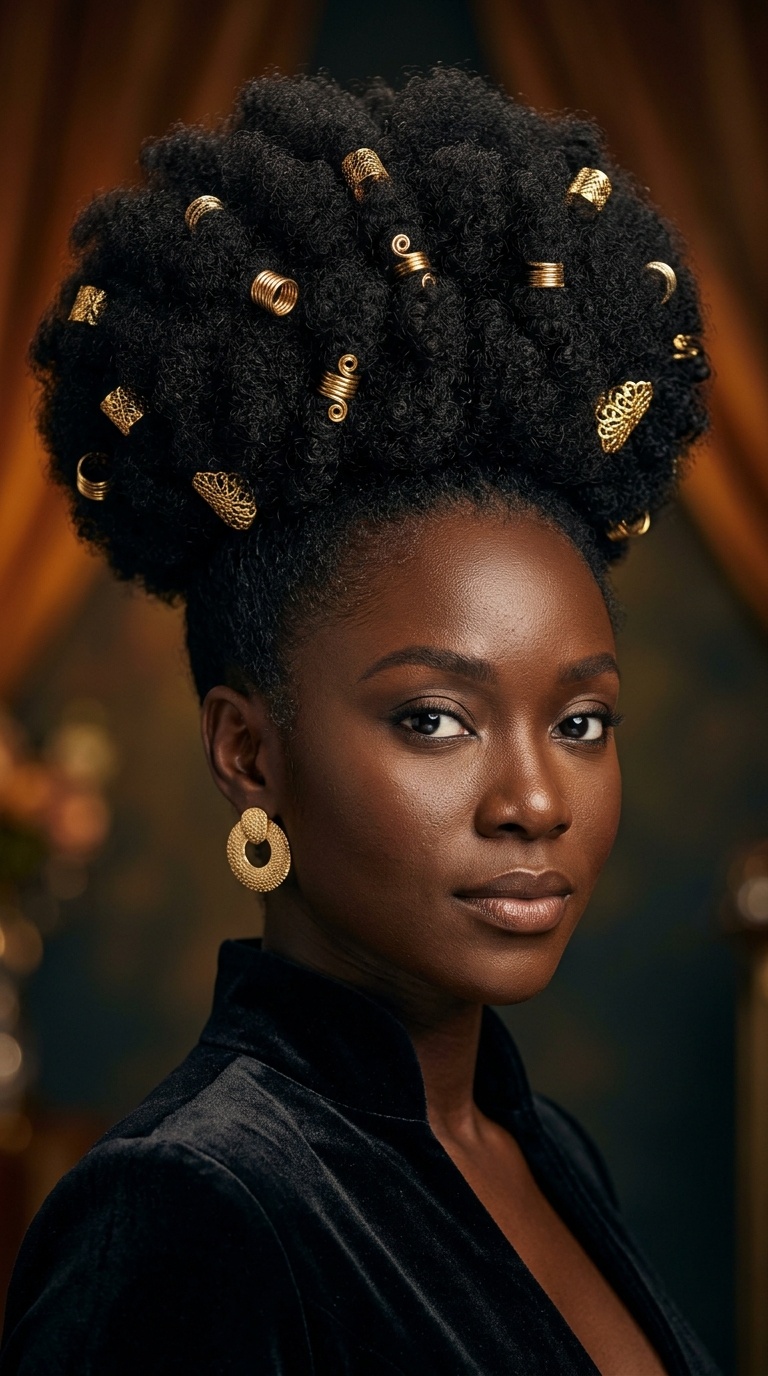Volume-Packed Afro Puff with Gold Accessories