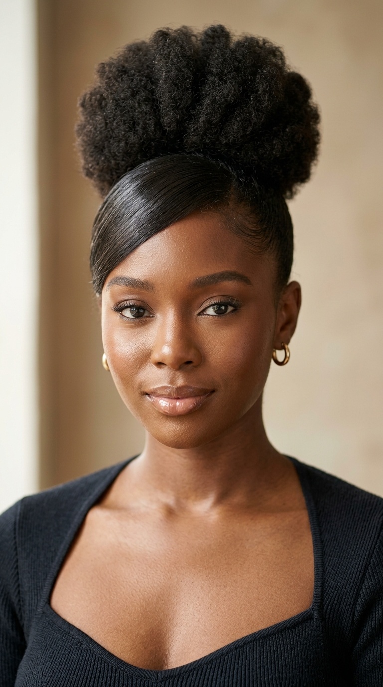 Voluminous Afro Bun with Polished Swoop