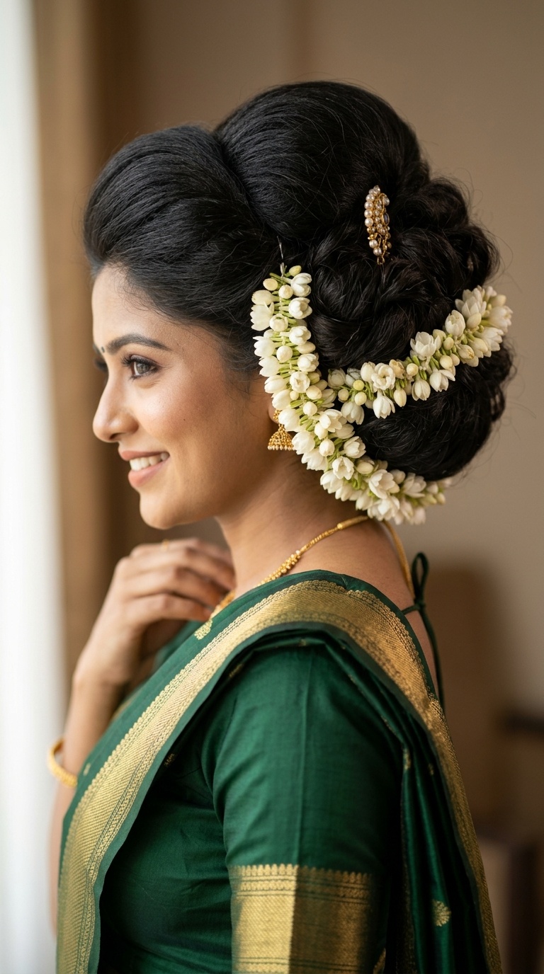Voluminous Bouffant Bun with Floral Border