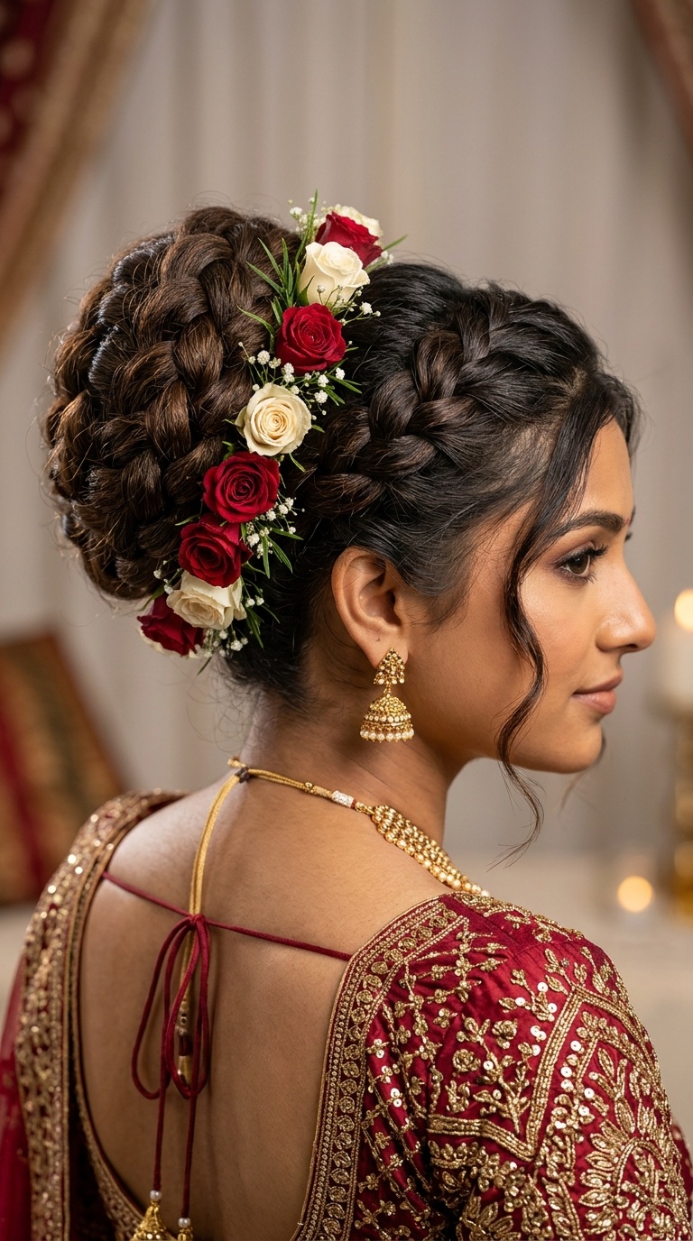 Voluminous Braided Bun with Roses