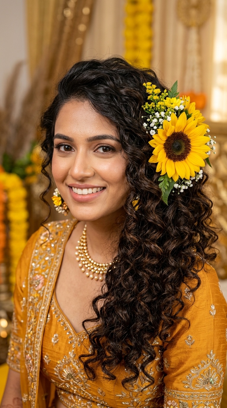 Voluminous Curls with a Side-Swept Sunflower