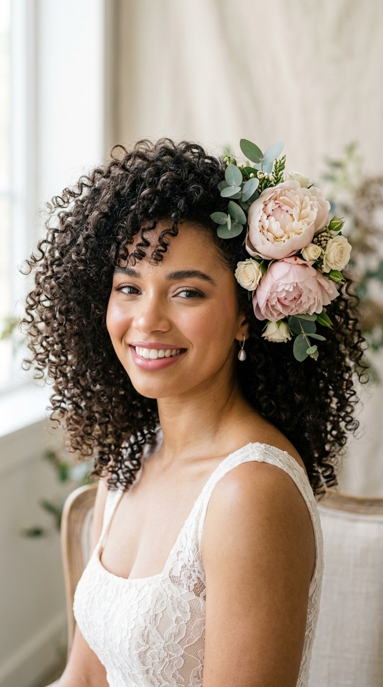 Voluminous Curls with a Statement Peony