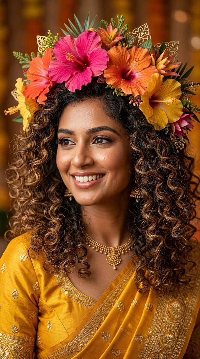 Voluminous Curls with Oversized Hibiscus Crown