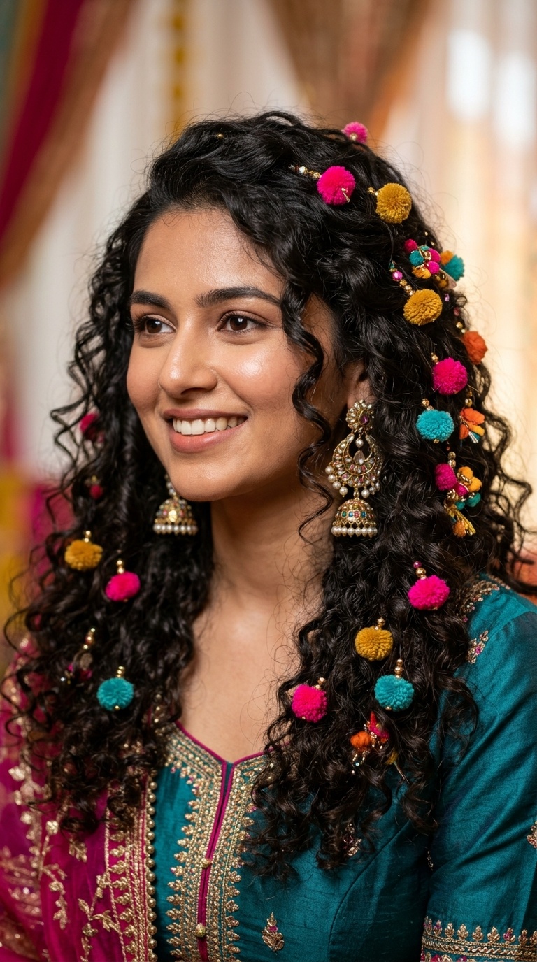 Voluminous Curls with Pom-Pom Accents