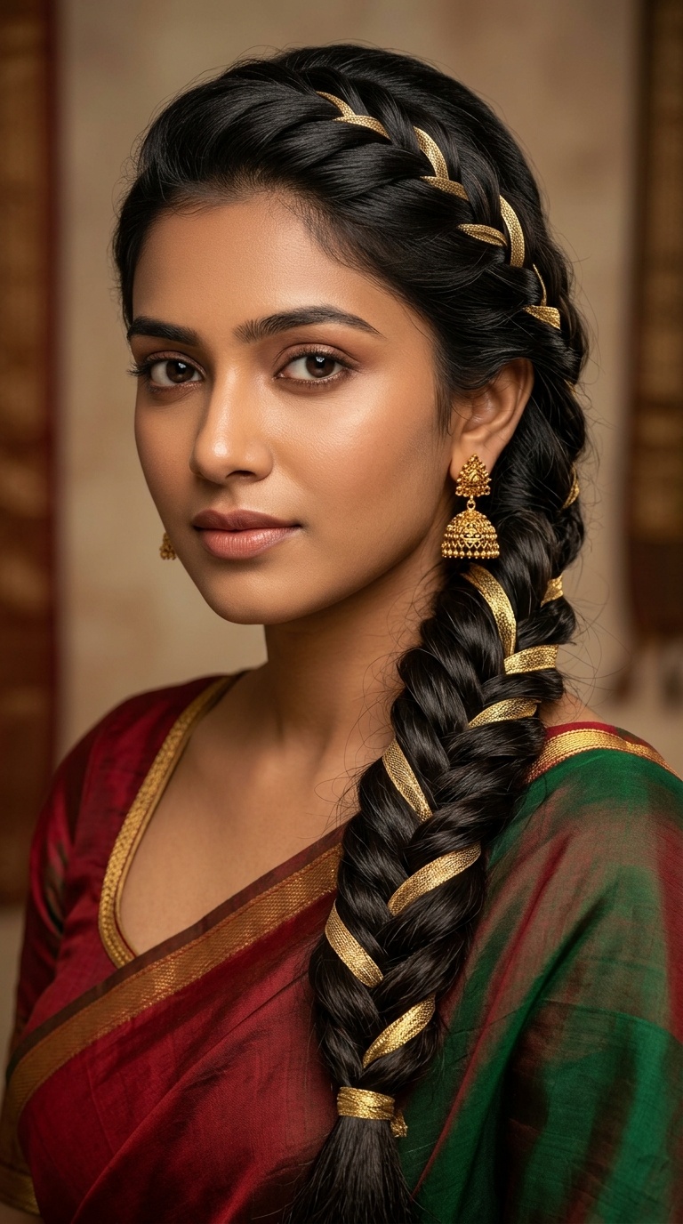 Voluminous Fishtail Braid with Gold Ribbons