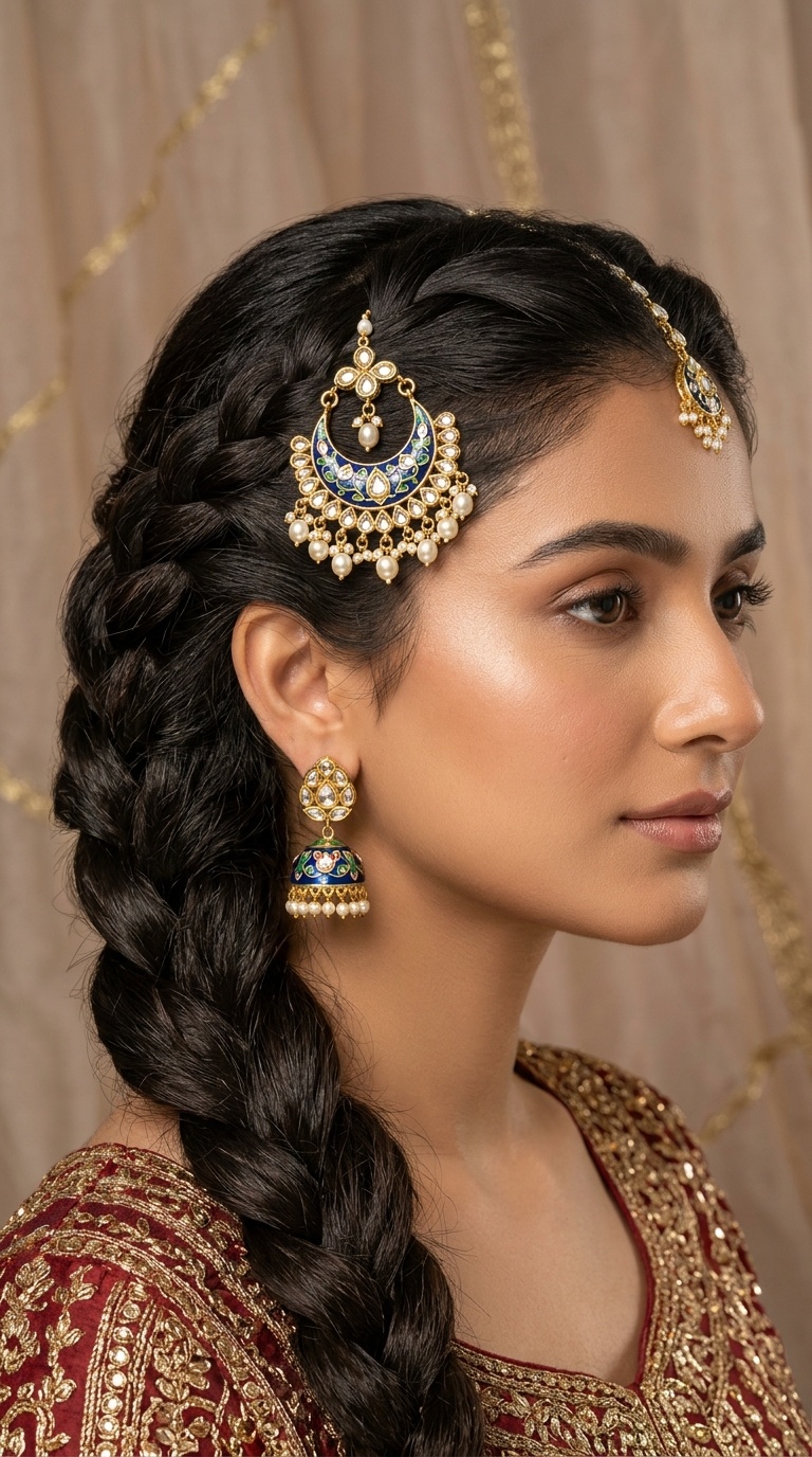 Voluminous French Braid with Meenakari Passa