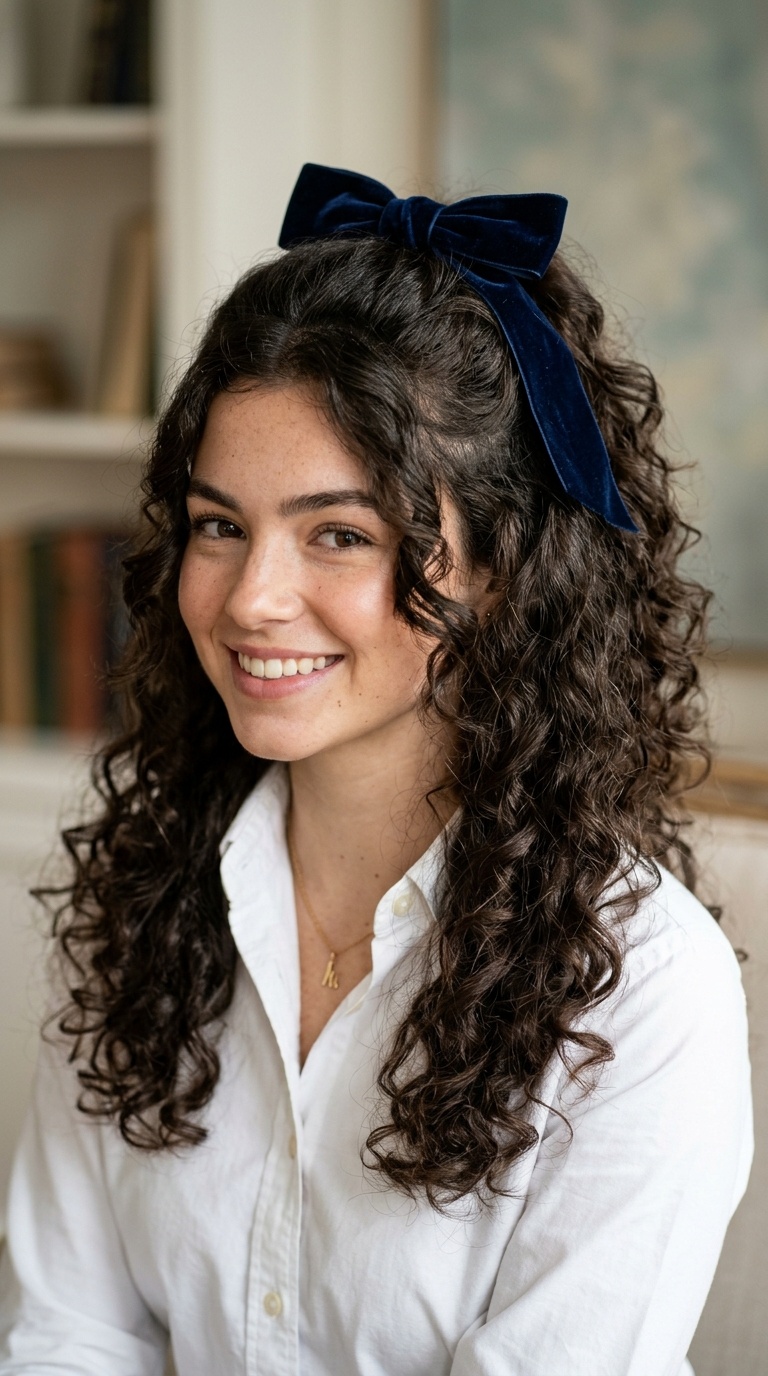 Voluminous Half-Up Curls with Large Velvet Bow