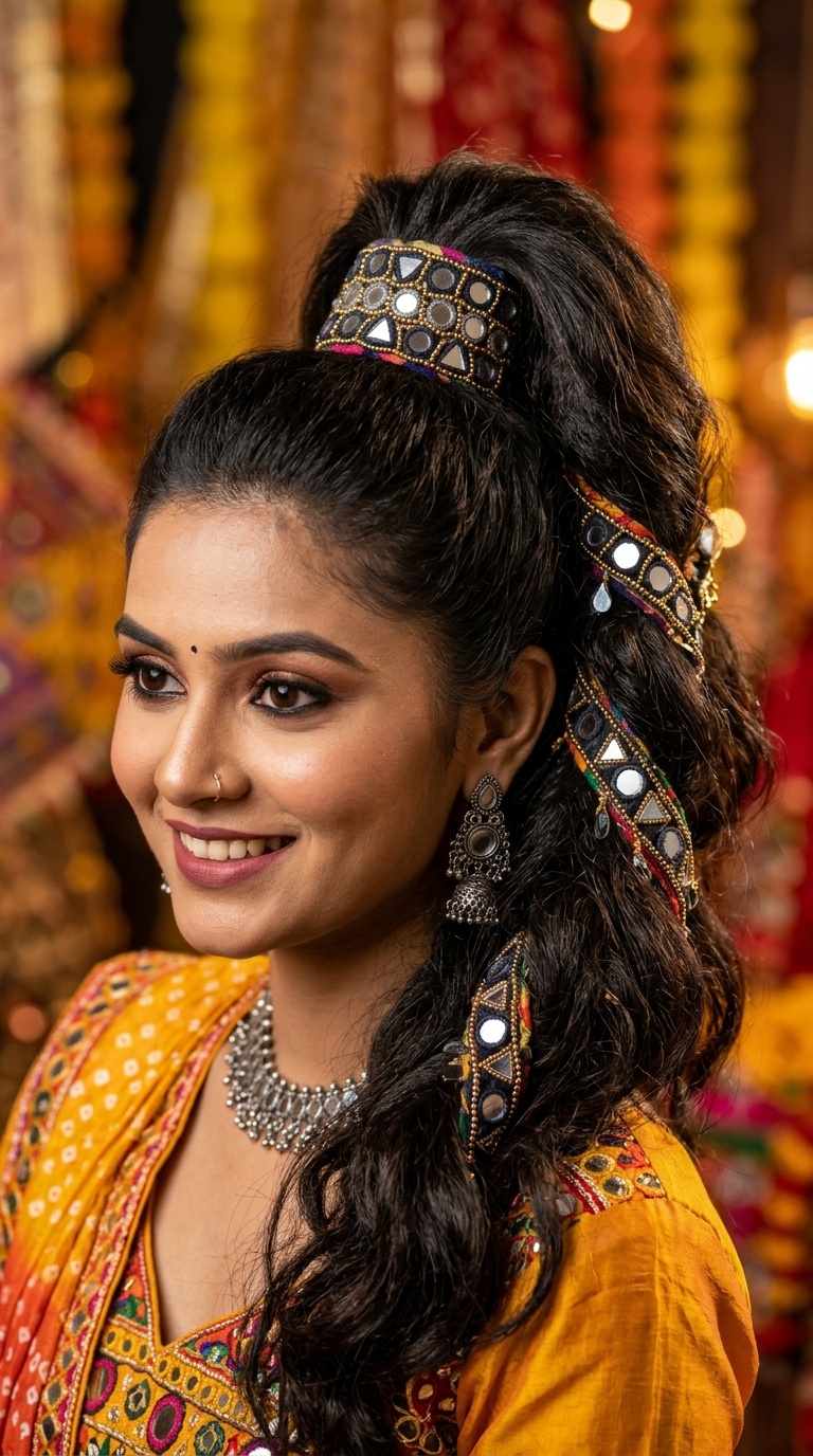 Voluminous High Ponytail with Mirror Work
