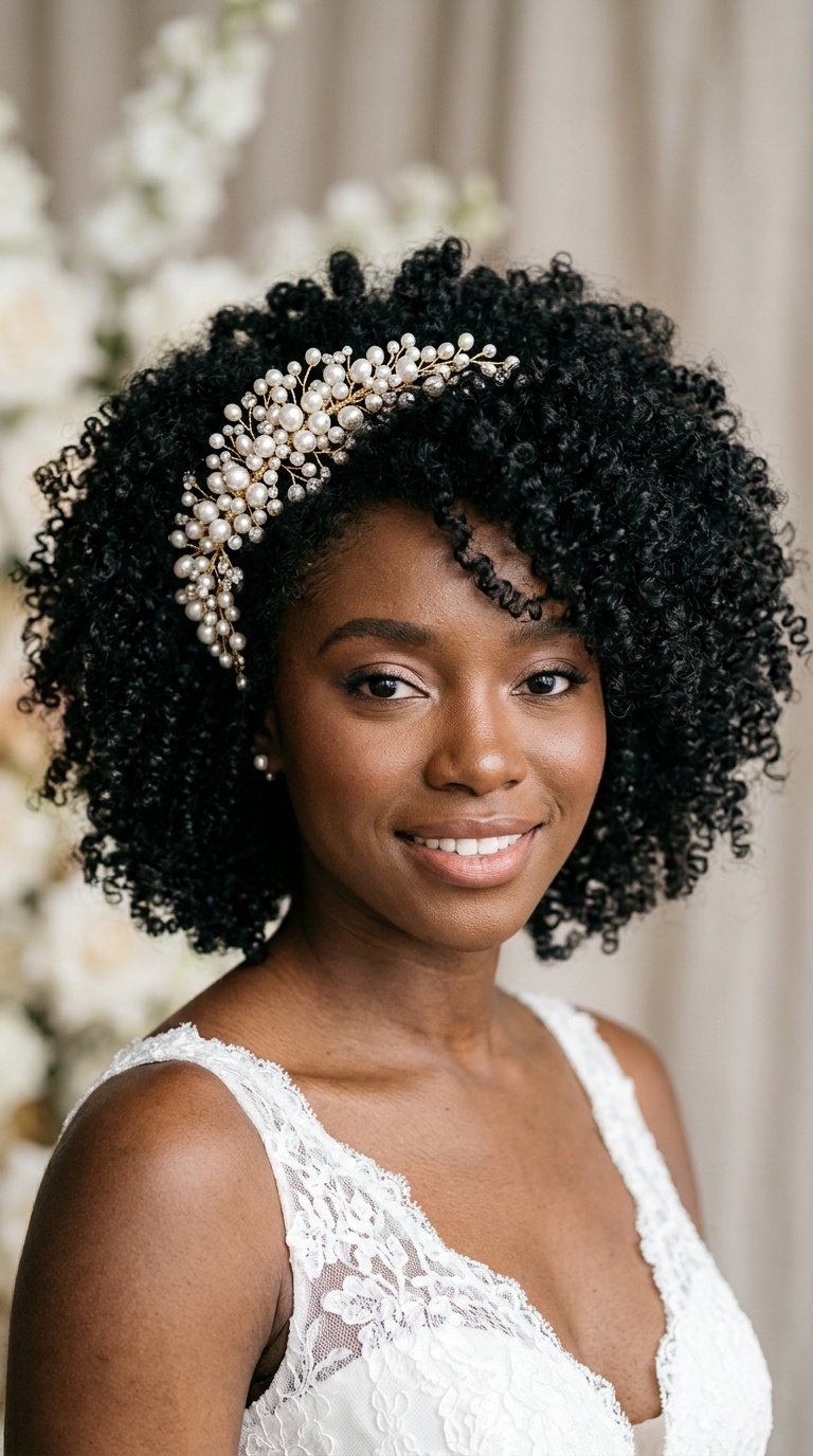Voluminous Natural Curls with Pearl Headpiece