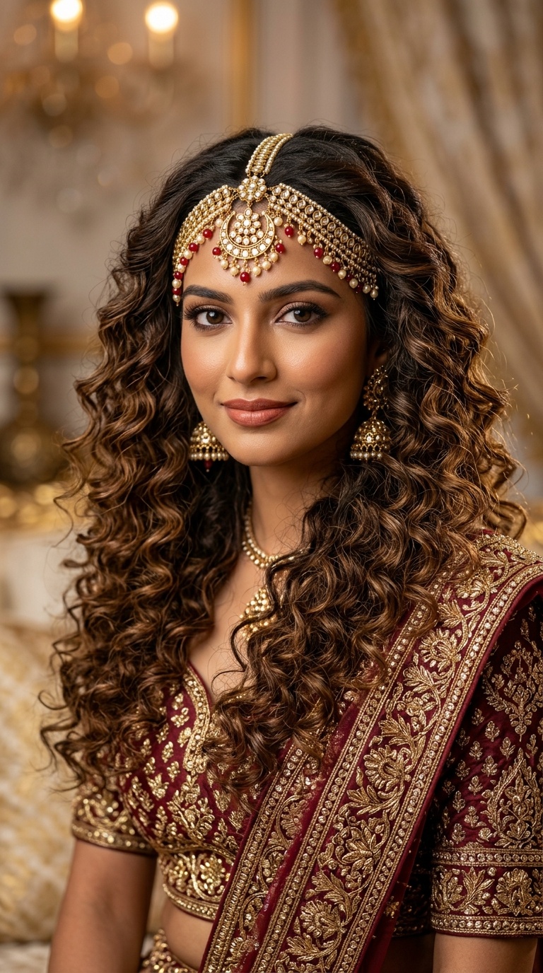 Voluminous Open Curls with a Statement Matha Patti