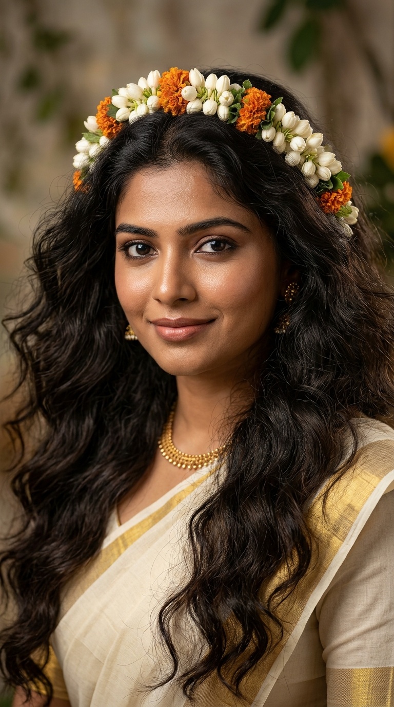 Voluminous Open Hair with a Floral Crown