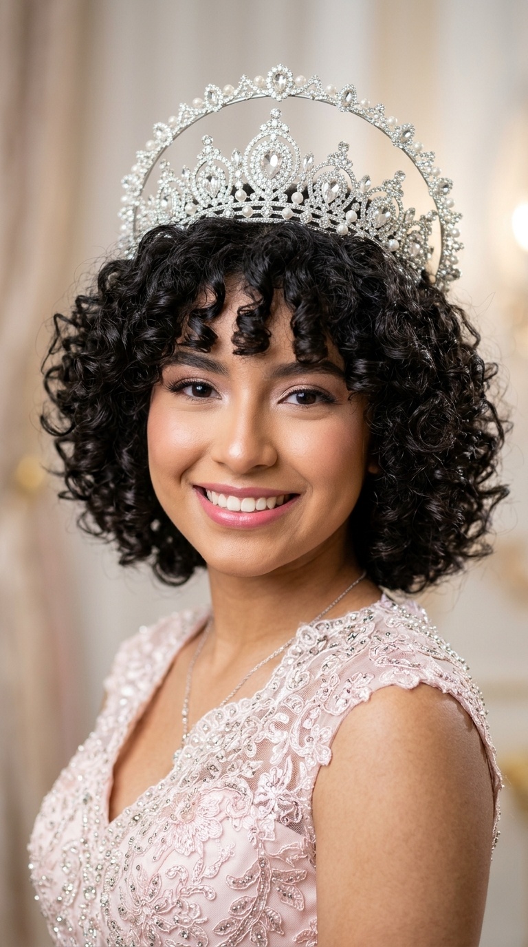 Voluminous Shingled Curls and Jeweled Halo