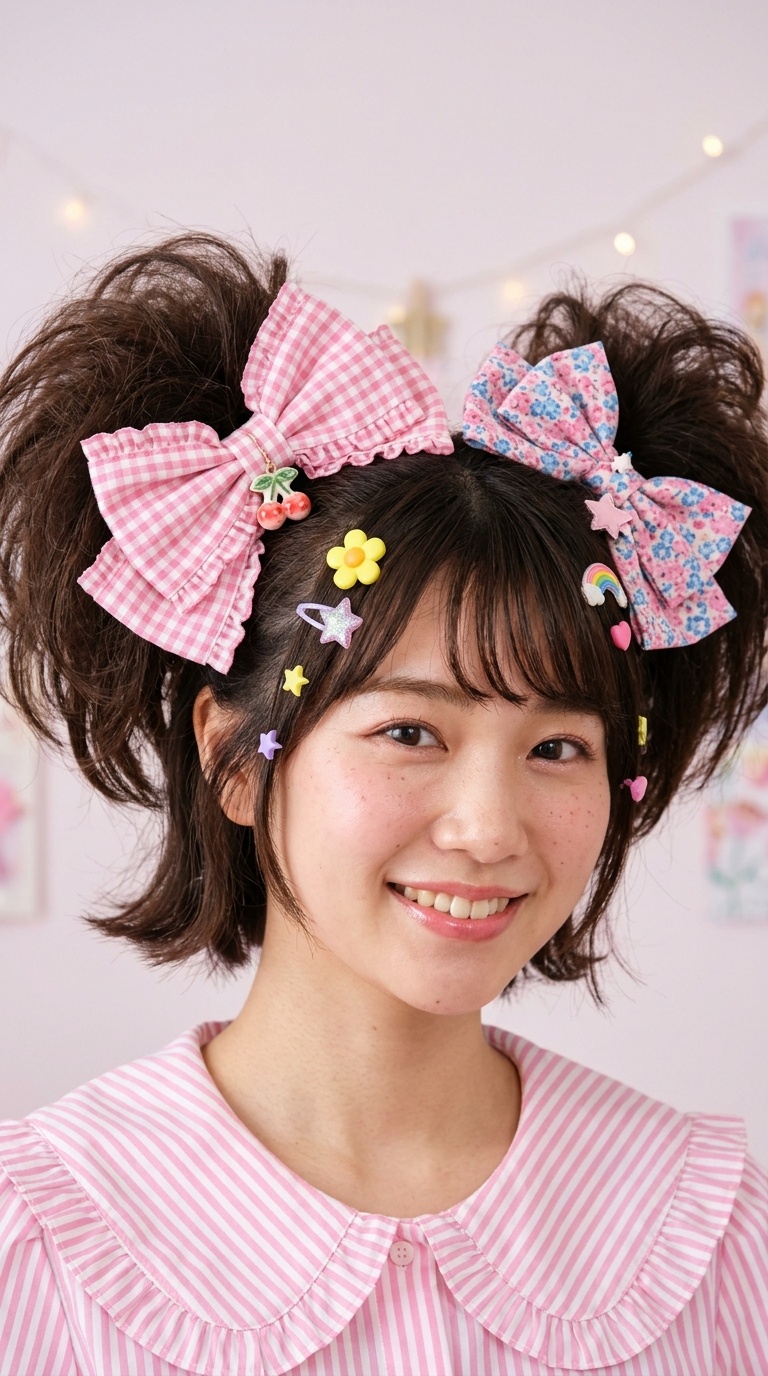 Voluminous Teased Pigtails with Oversized Bows