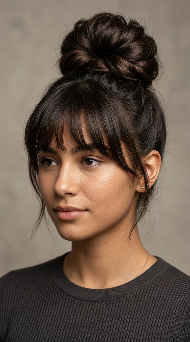 Voluminous Top Bun with Bangs