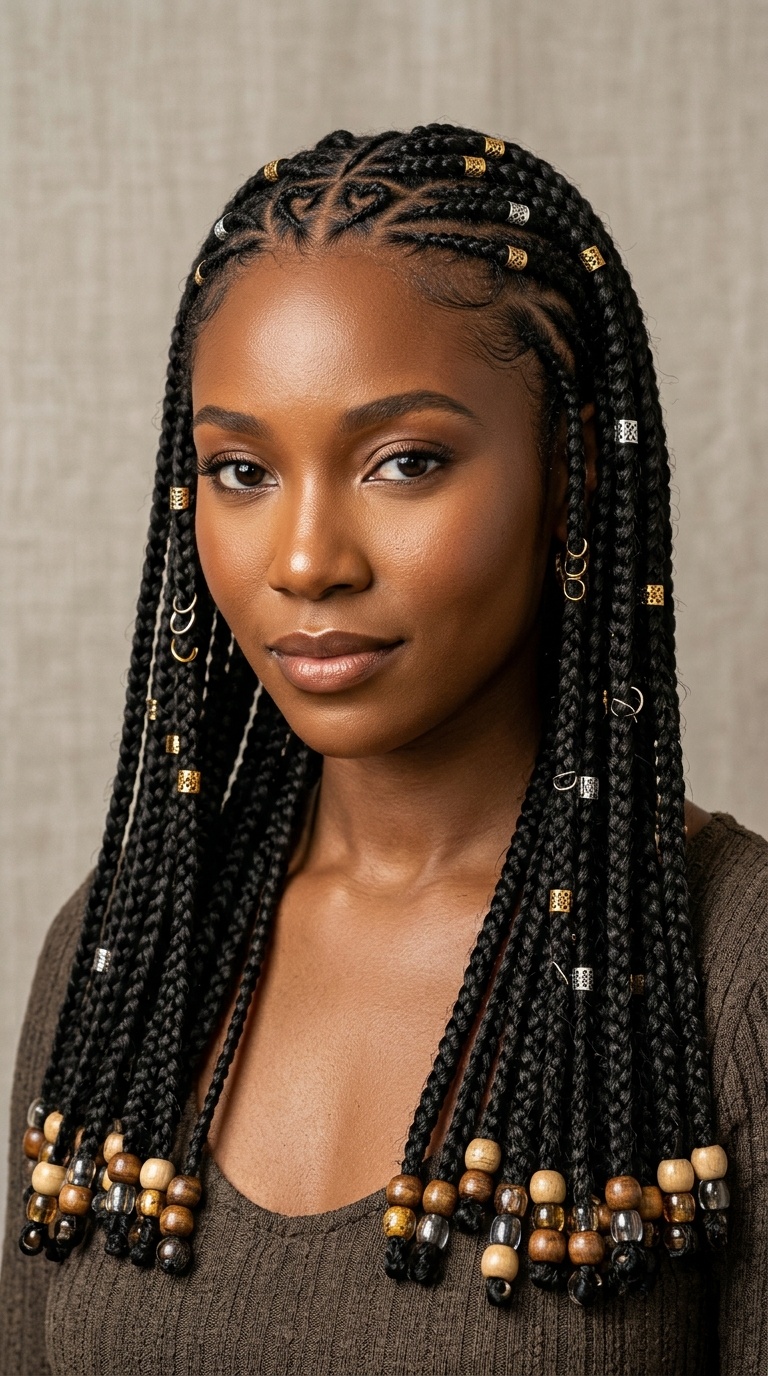 Waist-Length Fulani Braids with Metallic Accents