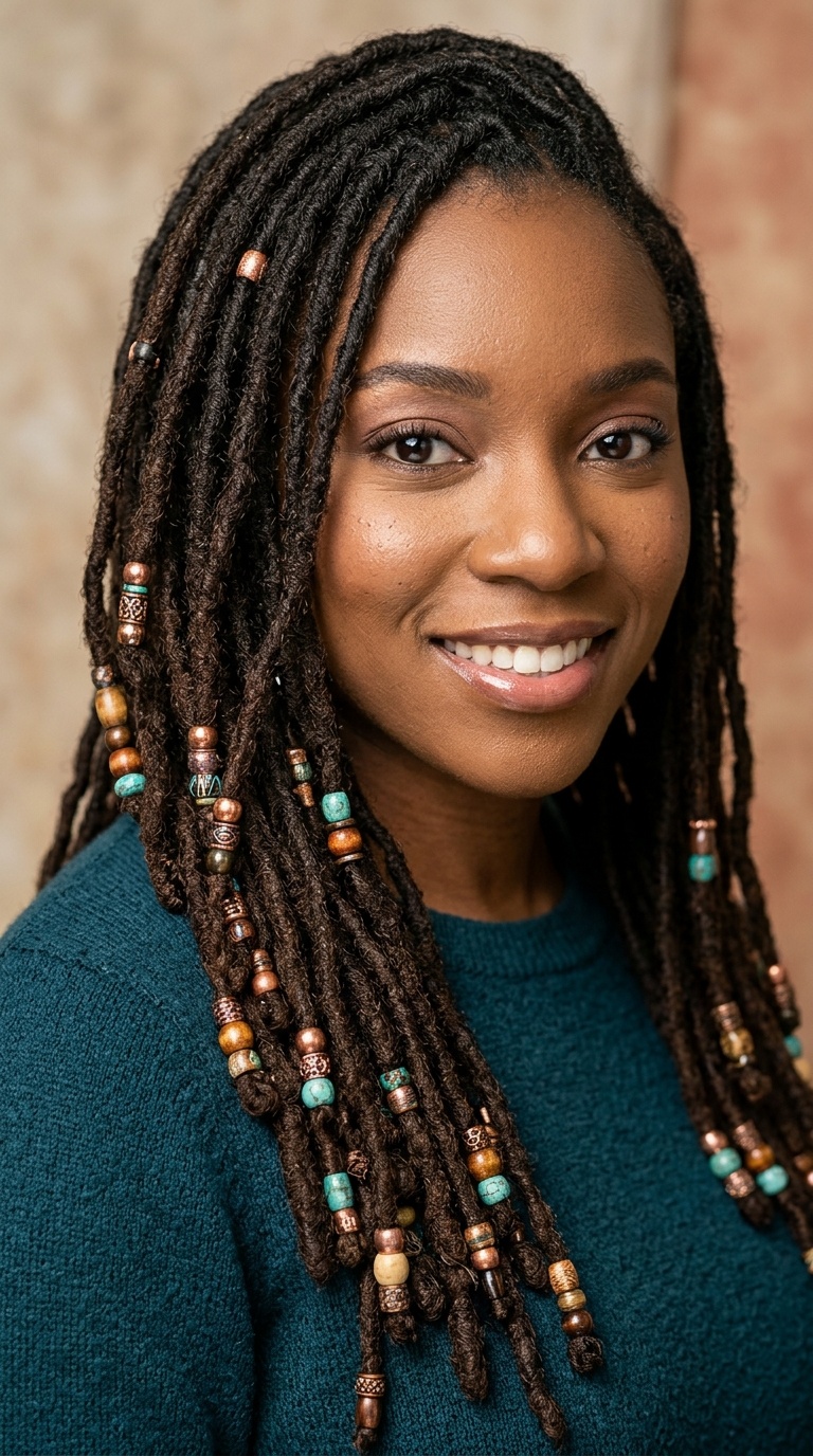 Waist-Length Locs with Beaded Ends