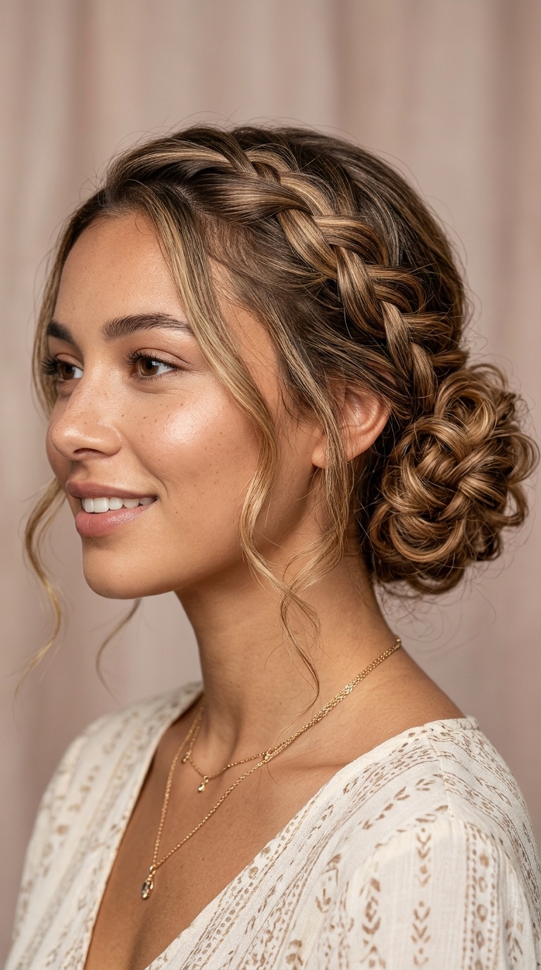 Waterfall Braid into a Soft Curly Bun