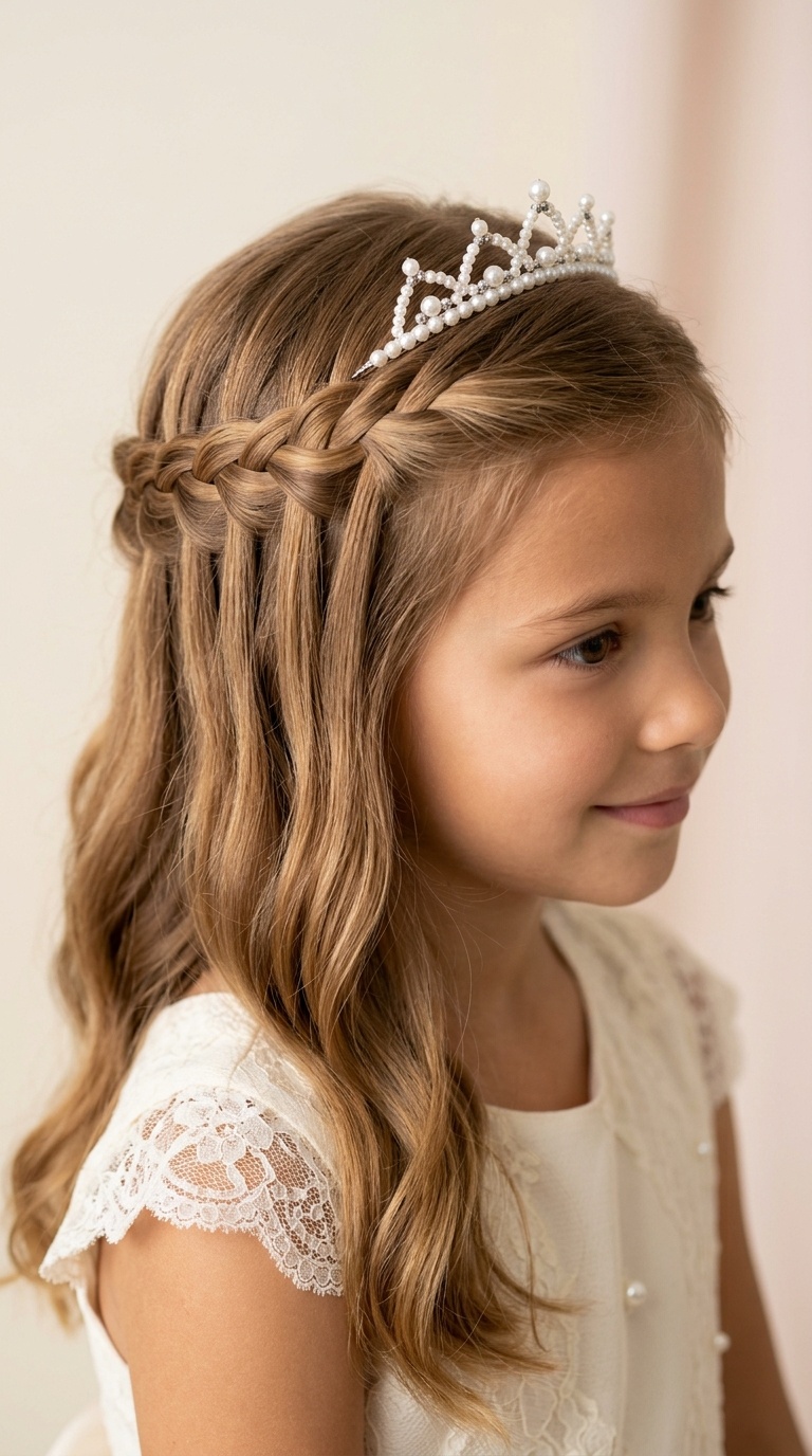 Waterfall Braid with a Mini Pearl Tiara