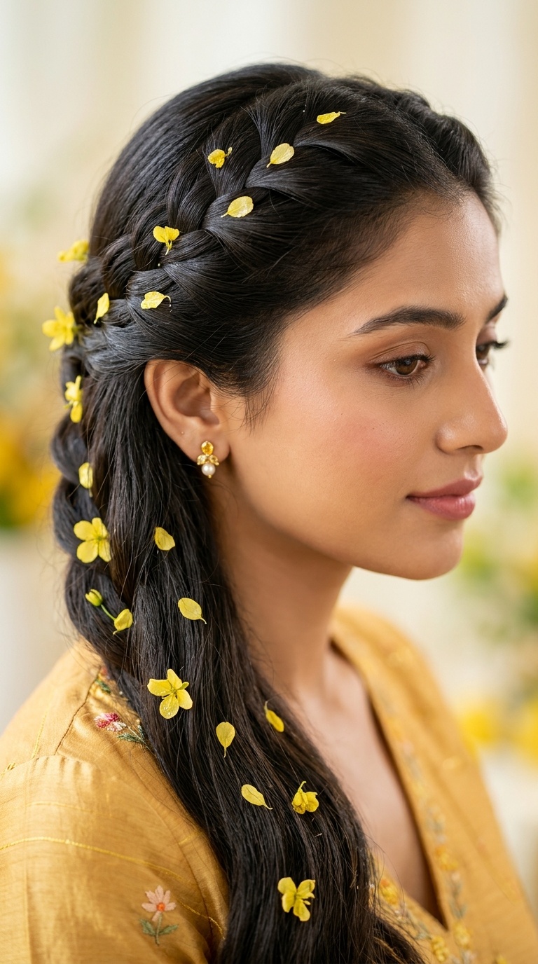 Waterfall Braid with Floating Yellow Petals