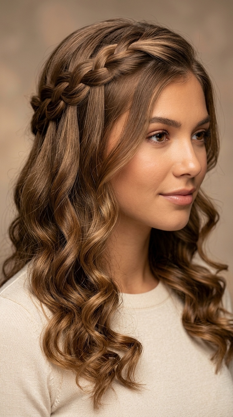 Waterfall Braid with Loose Curls