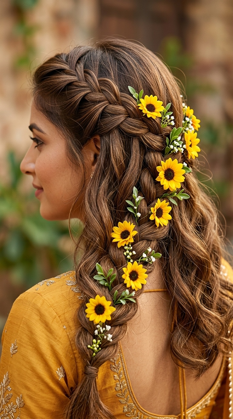 Waterfall Braid with Mini Sunflowers