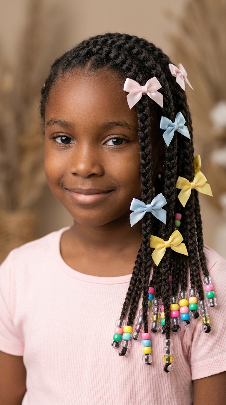 Waterfall Braids with Dangling Beads and Mini Silk Bows