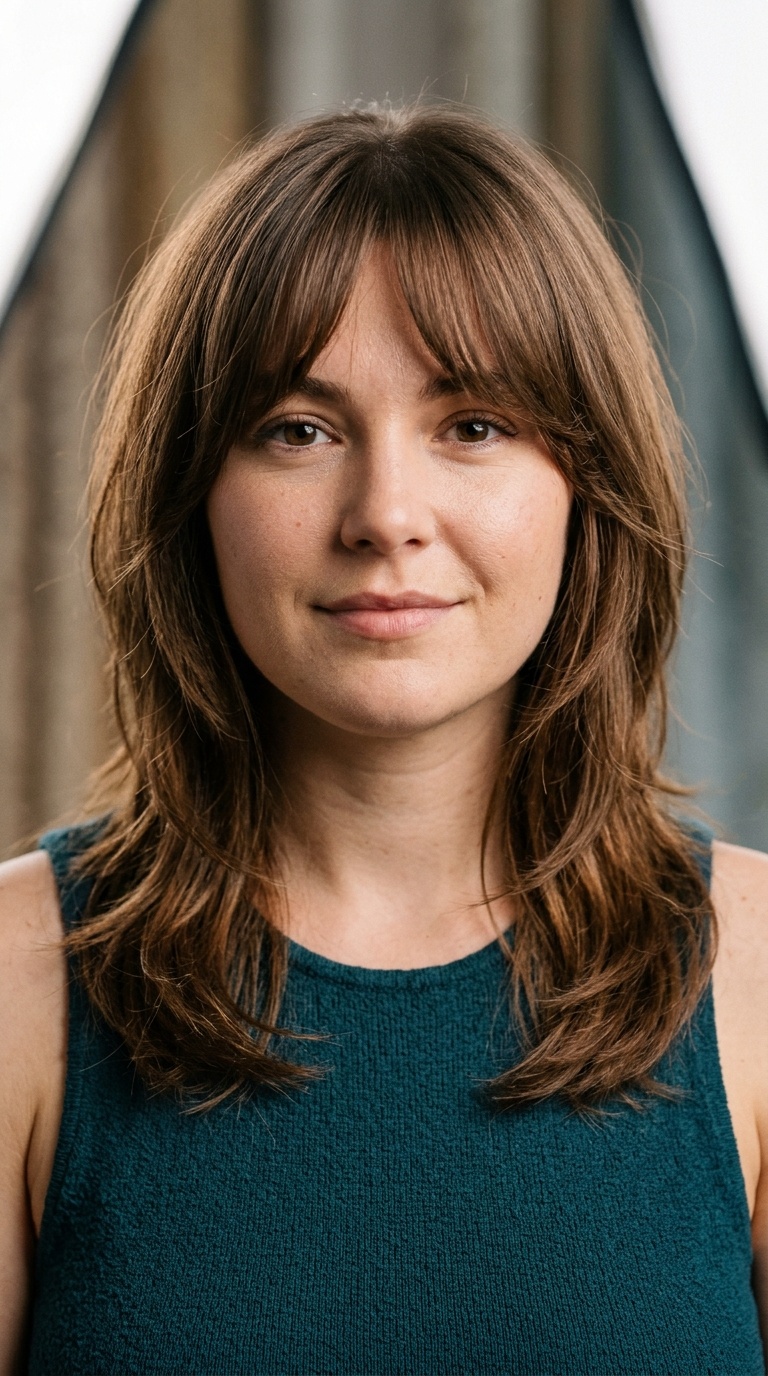 Wispy Curtain Bangs with Layered Mid-Length