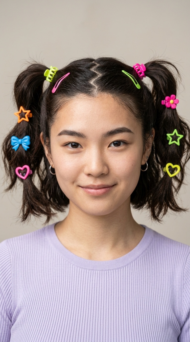 Zig-Zag Part Pigtails with Neon Clips