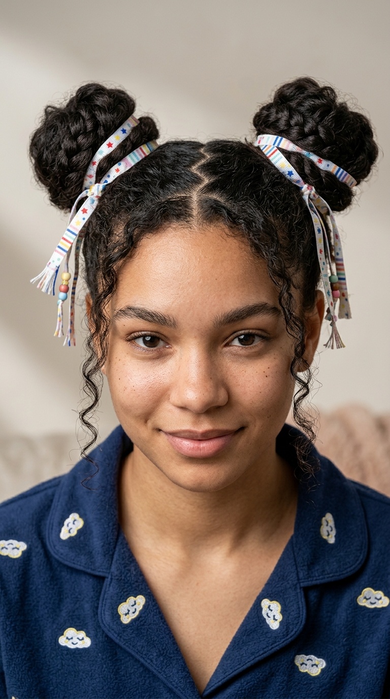Zig-Zag Part Space Buns with Patterned Ribbons