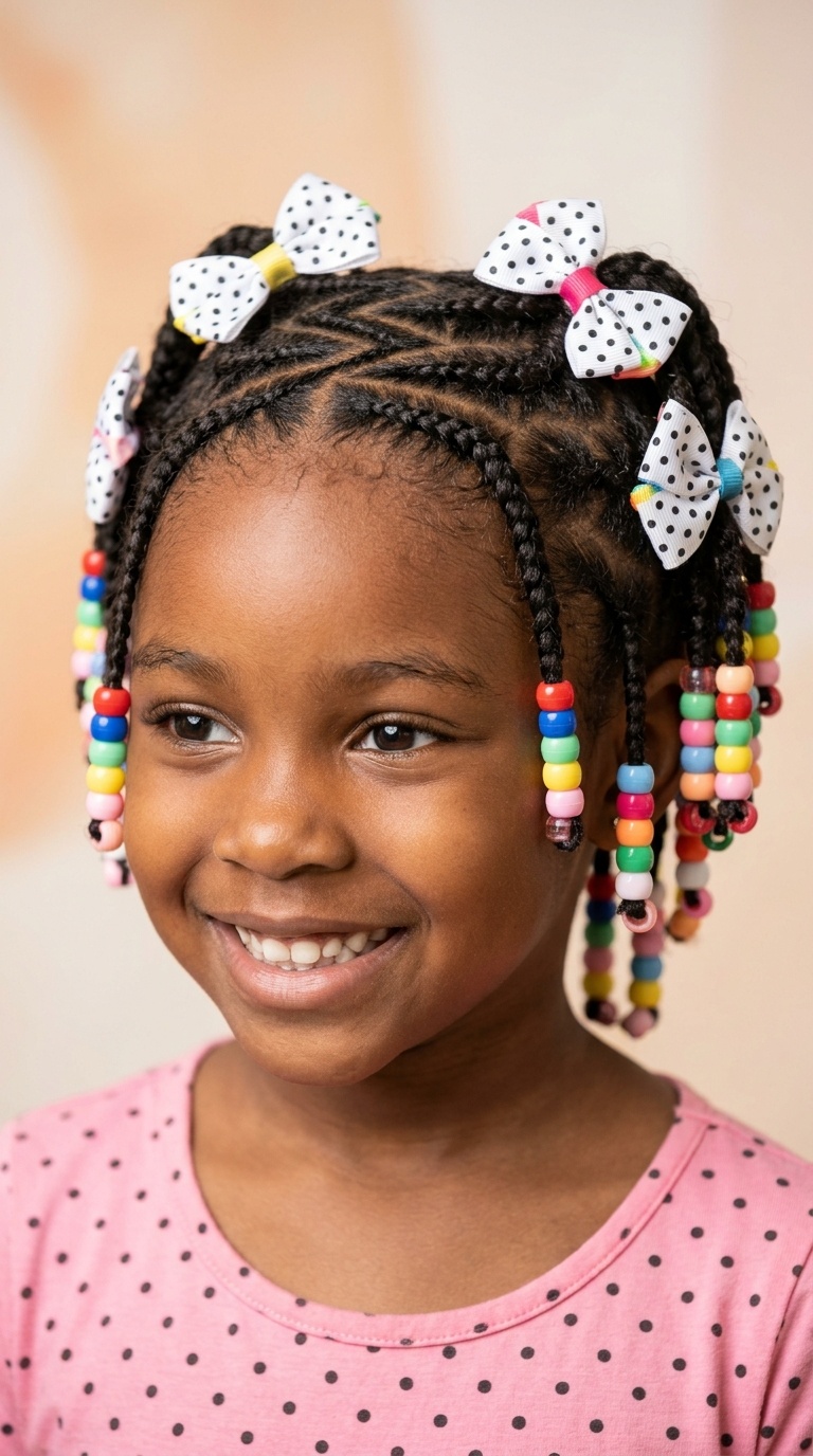 Zig-Zag Parted Cornrows with Stacked Beads and Polka Dot Bows