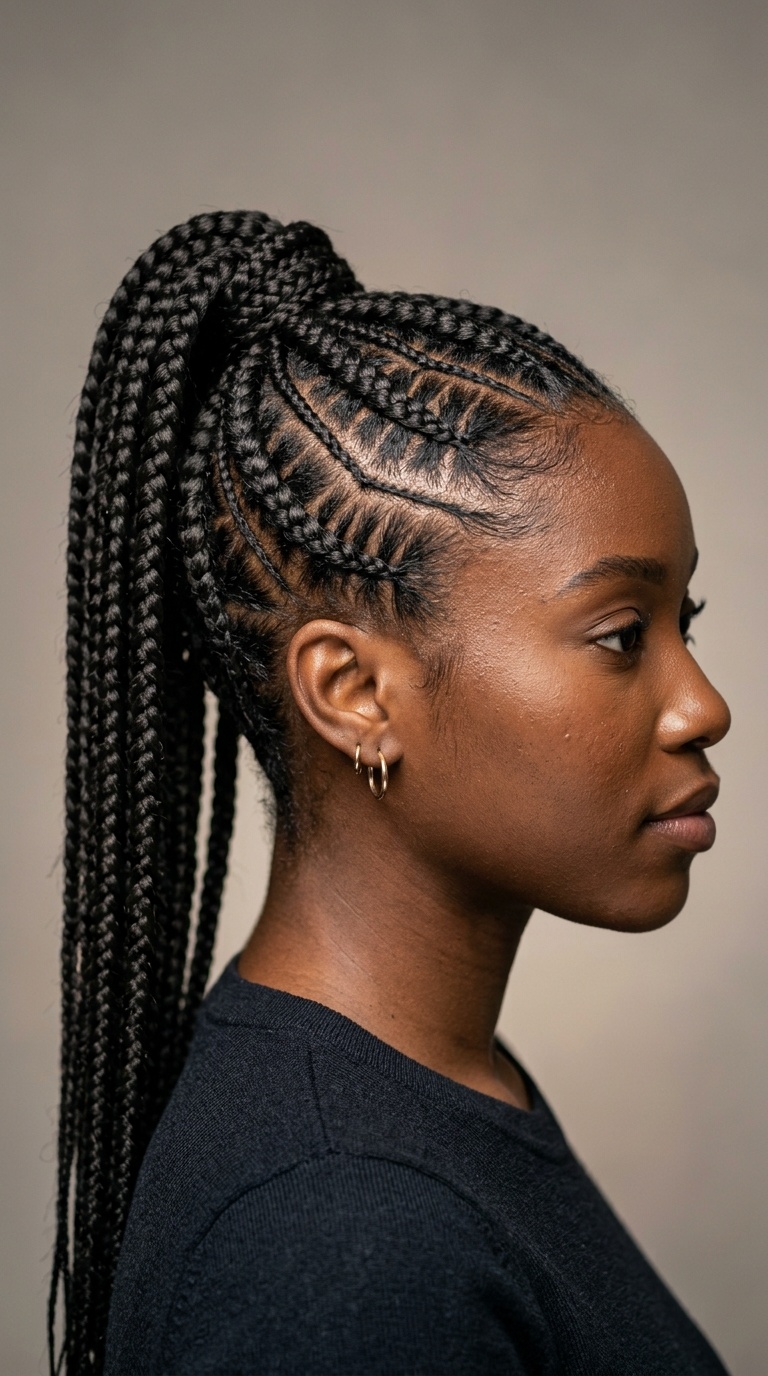 Zig-Zag Parted Feed-in Braids with a Ponytail