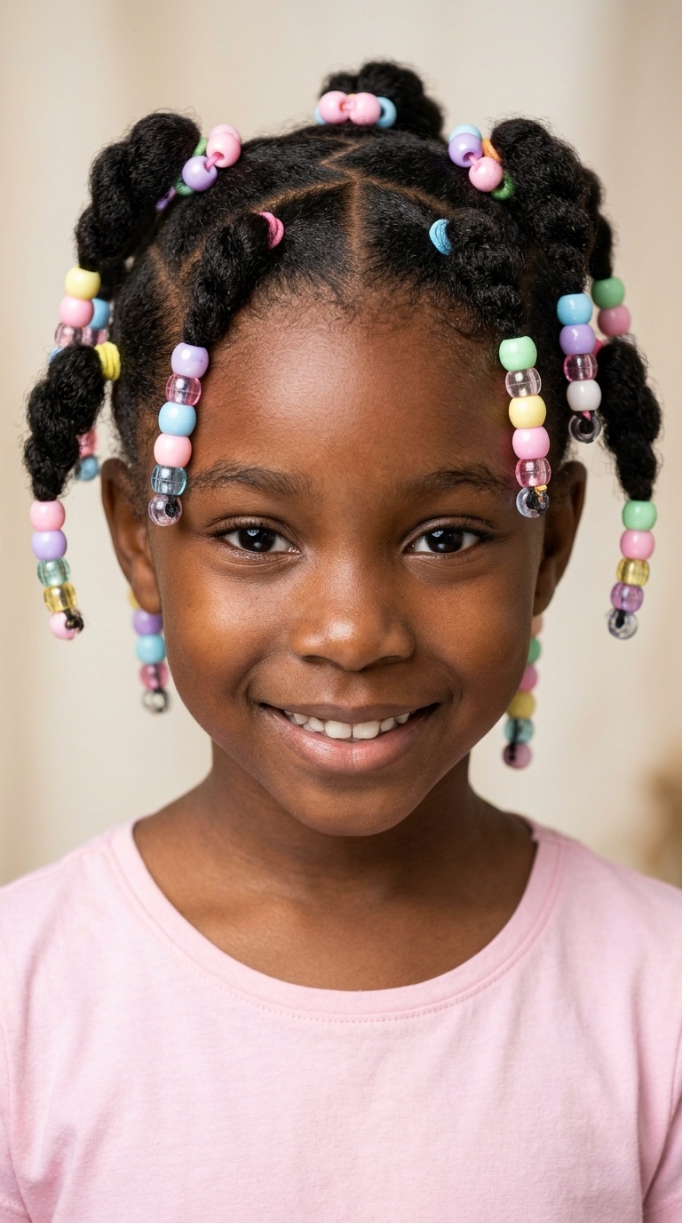 Zig-Zag Parted Ponytails with Pastel Beads